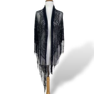 Worthington Black Sheer Shawl Wrap Triangle Fringe Head Cover Lace Mantilla Veil